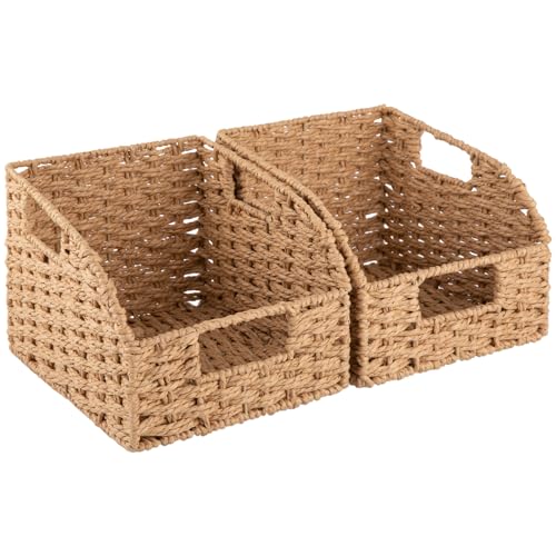 OIAHOMY Pantry Baskets for Organizing, Paper Rope Baskets with Built-in Handles, Wicker Storage Bins for Shelves, 2 Pack-Yellow - color: Natural