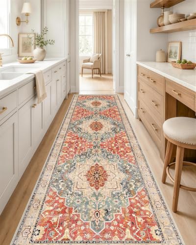 OLANLY 2x8 Washable Runner Rug, Soft Non Slip Carpet for Hallway Kitchen | Brick Red Boho Vintage Floral Medallion Farmhouse Rug, Spill & Stain Resistant Low Pile, for Entryway Laundry Office Bedroom - color: Brick Red, size: 2' x 8' (Runner)