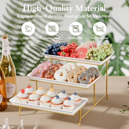 Bumusty 3-Tier Melamine Serving Tray Set, 14 x 7 in, Gold Stand | Melamine Reusable Platters with Metal Display Stand for Cupcakes, Desserts, Fruit, Cookies, Parties, Birthdays and Holidays - color: Gold, size: 14" x 7"