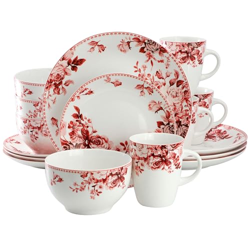 Elama Traditional Rose 16 Piece Porcelain Dinnerwar/Tableware Set, Service for 4 (Red) - color: Red, size: 16