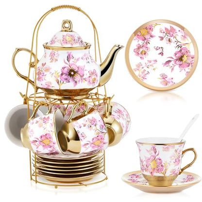 Zhehao 20 Pcs Porcelain Tea Set with Metal Holder and Spoon Adult Ceramic Tea Set European Flower Painting Teapot Cup Saucer Spoon for Women Mom Gift, Large Version (Purple Style) - color: Purple Style