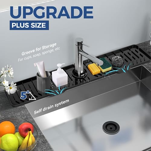 24" Splash Guard Plus Size Silicone Sink Faucet Drying Mat Handle Drip Catcher Tray Dish Sponge Holder Kitchen Accessories Protector Home Organization Gadgets Organizer - size: Black: 23.4"x5.7"