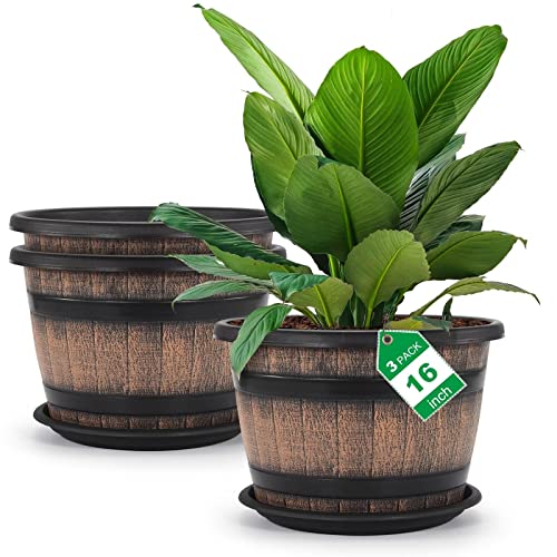 Quarut Large Plastic 3 Pack16 inch Plant Pots,Whiskey Barrel Planters with Drainage Holes & Saucer.Flower Pots Imitation Wine Barrel Design for Indoor & Outdoor Garden Balcony Plants.7 Gallons(Brown) - size: 16 inches