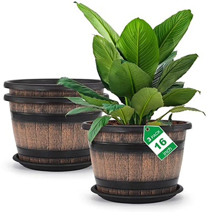 Quarut Large Plastic 3 Pack16 inch Plant Pots,Whiskey Barrel Planters with Drainage Holes & Saucer.Flower Pots Imitation Wine Barrel Design for Indoor & Outdoor Garden Balcony Plants.7 Gallons(Brown) - size: 16 inches