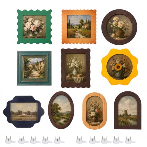 10 Pack Solid Pine Wood Vintage Picture Frames, Assorted Ornate Antique Photo Frames for Wall & Tabletop Display, Gallery Wall Decor, Decorative Frames for 4x4 & 4x6 Photos, Bedroom Living Room