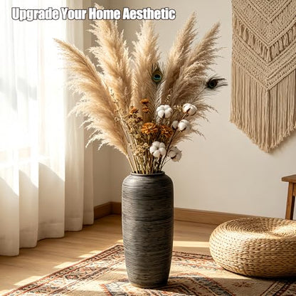 Brown Rustic Ceramic Floor Vase, 15.7 Inch, Ribbed Texture | Living Room, Entryway, Fireplace, Pampas Grass, Dried Branches - size: 15.7 Inch