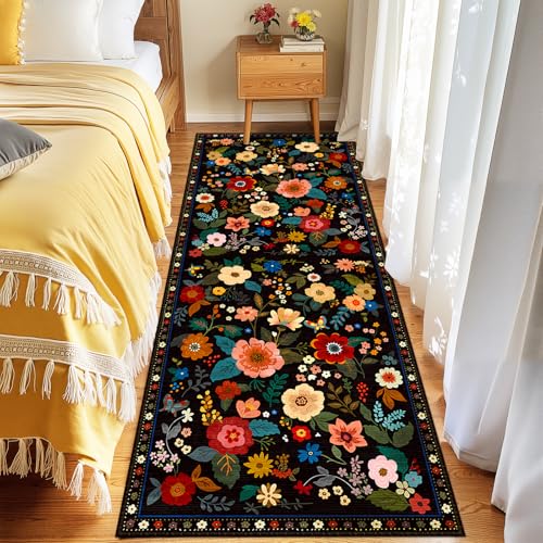 Floral Washable 2x6 Area Rugs Runner Entryway Hallway Black | Flower Carpet, Print, Boho, Non-Slip, Easy to Clean, Low Pile, Soft, for Living Room Bedroom Kitchen Office Entrance - color: Black, size: 2' x 6' (Runner)