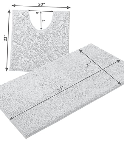 Bathroom Rugs Sets 2 Piece, Luxury Chenille Bath Mat Set, Soft Plush Anti-Slip Bath Rug + U-Shaped Toilet Mat. Microfiber Shaggy Carpet, Super Absorbent (24” x 36” & 20” x 24” U, White) - color: White, size: 2 Piece Set - Large