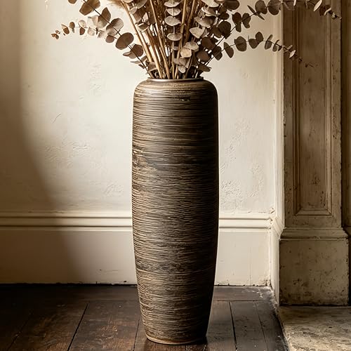 Brown Rustic Ceramic Floor Vase, 24 Inch, Ribbed Texture | Living Room, Entryway, Fireplace, Pampas Grass, Dried Branches - size: 23.6 Inch