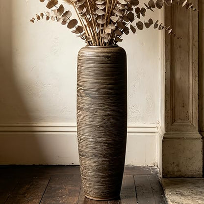 Brown Rustic Ceramic Floor Vase, 24 Inch, Ribbed Texture | Living Room, Entryway, Fireplace, Pampas Grass, Dried Branches - size: 23.6 Inch