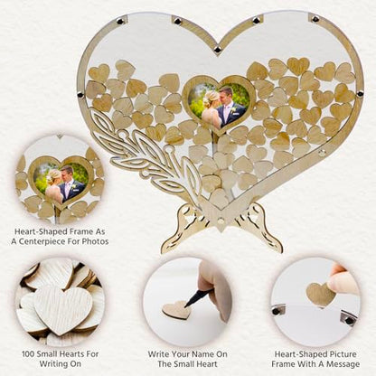 Wedding Guest Book Alternative, Rustic Heart Shaped Wooden Guest Book with 100 Wooden Hearts Tree for Wedding Party Birthday, Personalized Wedding Decor with Guest Sign-In Box & Heart Frame for Photo