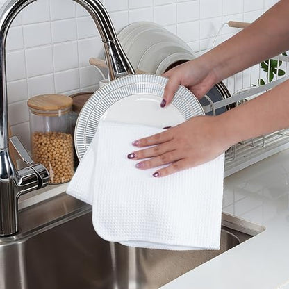 POLYTE 340 GSM Microfiber Waffle Kitchen Dish Tea Towel, 16x28 in, 12 Pack | Lint Free, Quick Dry - color: White, size: 16x28 in