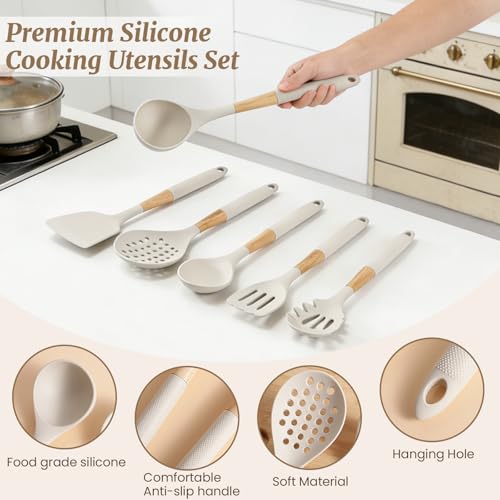 Chef Kitchen Cooking Utensils Set, Heat Resistant Silicone Kitchen Utensils Sets with Storage Rack, 7PCS Gadgets Tools Set with Wooden Handle for Nonstick Cookware,Tongs, Turner, Skimmer (White) - color: White