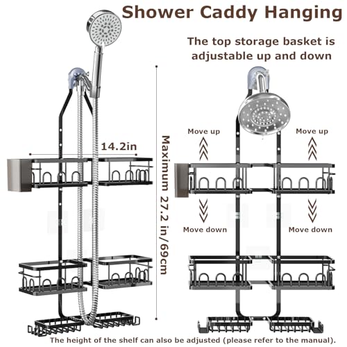 Adjustable Shower Caddy Hanging Rustproof Shower Caddy Shower Organizer for Over Handheld or Fixed Shower Heads with Hooks Soap Holder Toothbrush Holder