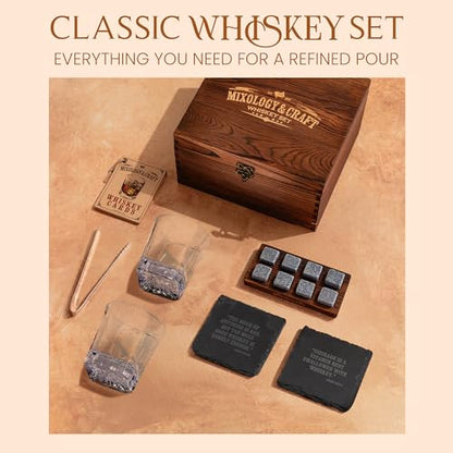 Mixology & Craft Whiskey Stones Gift Set – Includes Two 10oz Crystal Whiskey Glasses, 8 Granite Chilling Rocks, Slate Coasters, Metal Tongs, Cocktail Recipe Cards, Elegant Wooden Storage Box - size: Dark Latch Crate