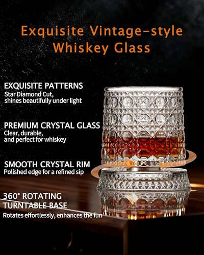 CEEFU 360° Spinning Whiskey Glasses Set with Gift Box, Set of 2 | Old Fashioned with Rotating Base - 2 Big Ice Ball Molds - Bourbon, Cocktail, Rocks, Bday Gifts Ideas for Men, Gem Pattern - size: 9.5 oz-Gemstone Pattern