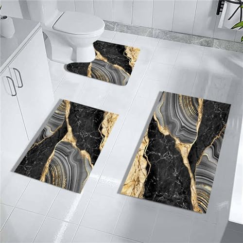 MUGINYU Black and Gold Rug for Bathroom Decor,Black and Gold Bathroom Rugs Sets 3 Piece,Marble Decor Thin Rubber Diatomaceous Earth Quick Dry Rugs with U-Shaped Contour Toilet Mat - color: Black Gold Marble 2