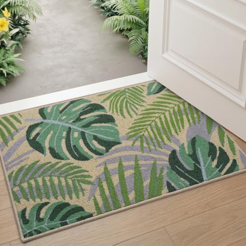 DEXI Front Door Entryway Mat 24x36, Non Slip Entry Rugs, Green Monstera | Low Profile Washable Inside Entrance Doormat, Hand Hooked Loop Pile Welcome Mats Dirt Trapper for House Floor, Garage, Patio - color: Monstera Deliciosa, size: 24" X 36" (Rectangula