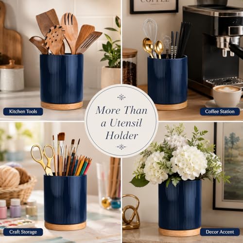 360° Rotating Cooking Utensil Holder, Kitchen Utensil Holder for Countertop | Utensil Crock for Kitchen Counter with Rotatable Wooden Base,Ideal Housewarming Gift & Mothers Day Gift-Blue - color: Blue
