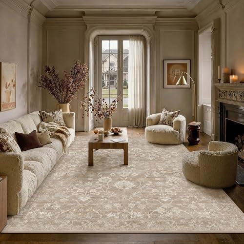 8x10 Beige Neutral Area Rugs Washable Rug Carpet | Living Room Rug, Vintage Rug, Bedroom, Dining Room, Office, Farmhouse, Non Slip, Low Pile, Soft, Distressed - color: Beige, size: 8' x 10' (Rectangular)
