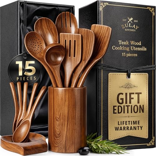 Zulay Kitchen 15-Piece Teak Wooden Utensils for Cooking - Natural Teak Utensil Set with Premium Gift Box - Non-Stick Wooden Spoons for Cooking - Kitchen Gift Set - Comfortable Grip Wooden Utensil Set - size: 15 Piece | Gift Box