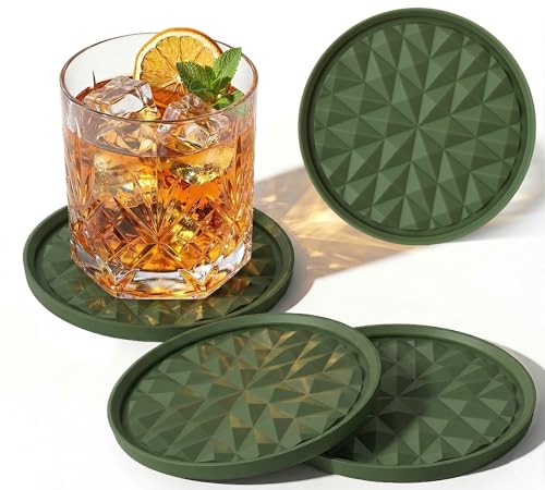 Silicone Drink Coasters Set of 4, Coaster for Desk | Prevents Condensation&Spills, Non-Slip, Reusable&Easy Clean, Diamond Pattern, Stylish Office&Home Decor, Gift, Olive Green - color: Olive Green, size: 4×3.9inches