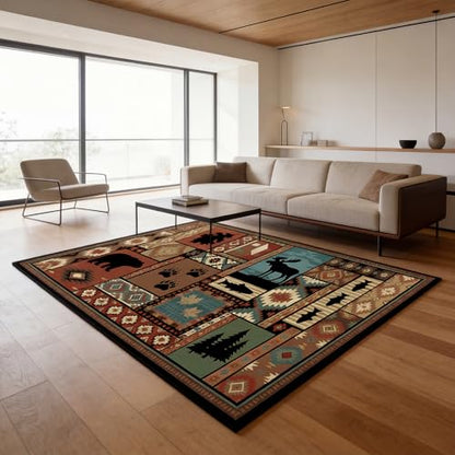 Rustic Cabin Area Rug 5x7 ft Southwestern Lodge Bear Moose Non Slip - color: Rustic Cabin, size: 5' x 7' (Rectangular)