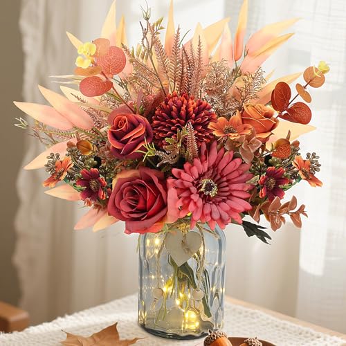 Fall Artificial Flowers Silk Roses with Vase, Faux Mums Sunflower in Vase | Burgundy Fake Eucalyptus Flower for DIY Wedding Bridal Bouquet,Thanksgiving Party Table Centerpieces,Autumn Arrangement Decor - color: Autumn Wine