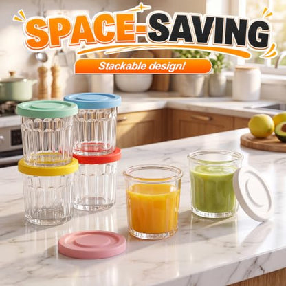 Suclain Glass Cups with Lids Set of 6, 13.5 oz Clear Coffee Cups,Colorful | Thick Drinking Glasses, Heavy Duty Tumblers with Leak Proof Lids, Glassware for Cold Drinks, Iced Coffee Yogurt Overnight - color: Colorful