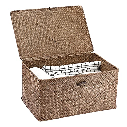 Hipiwe Wicker Shelf Baskets Bin with Lid Large Handwoven Basket Box, Coffee | Natural Seagrass Storage Baskets, Rectangular Household Basket Boxes for Shelf Wardrobe Home Organizer - color: Coffee, size: Large