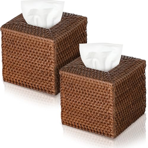 2 Pcs Square Rattan Tissue Box Cover Boho Wicker Tissue Cube Box Cover 5.5'' x 5.5'' x 5.5'' Decorative Natural Wicker Hand Woven Napkin Box Holder Bathroom Office Car Accessories (Brown) - color: Brown