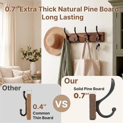 POZEAN Wooden Coat Rack Wall Mount, 2 Pack Wall Mounted Coat Hangers with 5 Double Hooks, Space Saving Organizer for Entryway,Bathroom, Clothes, Jackets, Hats, Keys(‎Brown Plate & Black Hooks)