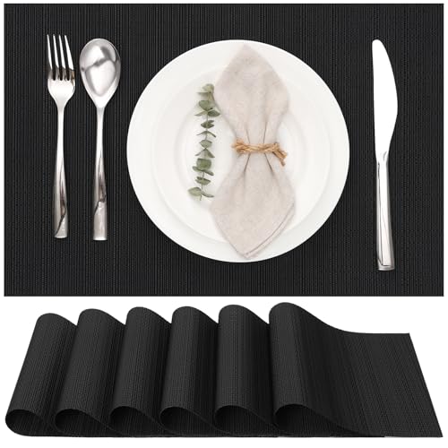 Myir JUN Placemats Set of 6 Kitchen and Dining Table Placemats | Vinyl Placemats Place Mats Indoor/Outdoor Set of 6 Washable Table Mats Non-Slip Place mats for Dining Table, Black - color: Black, size: Set of 6