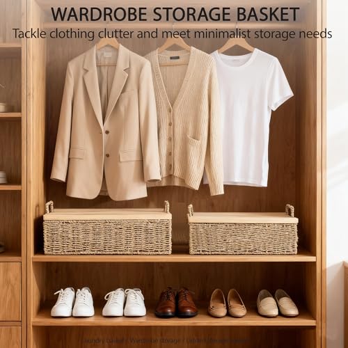 Woven Seagrass Wicker Storage Basket Set of 2 with Wooden Lids | Stackable Basket with Handles, Rectangular Decorative Basket for Shelves Home, Closet & Desktop Organization