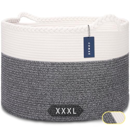 COMSE XXXLarge Woven Blanket & Laundry Basket, 87L, White & Black | 21.7" x 13.8", Cotton Rope, Nursery Hamper for Storage of Toys Clothes Towels, Ideal for Living Room Bedroom Bathroom - color: White & Black