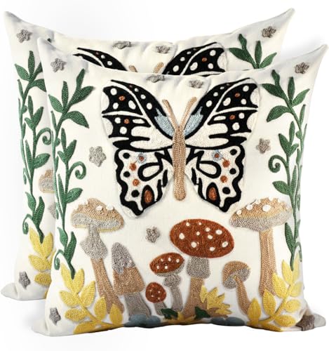 Embroidered Throw Pillow Covers 18x18 Inch - Set of 2 Summer Decorative Pillow Covers with Zipper Aesthetic Cute Design Throw Pillowcases for Couch Sofa Bed, Butterfly Moon - color: Butterfly Moon