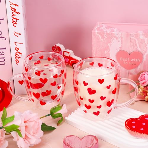 JarThenaAMCS Valentine' s Day Double Wall Glass Coffee Mugs Insulated Glasses 12Oz Red Heart Clear Espresso Cups with Handle for Home Holiday Supplies, Set of 2 - style: Red Heart