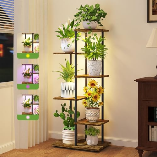 iDavosic.ly Plant Stand Indoor with Grow Lights, Tall 5 Tier Shelf, Brown | Tiered Multiple Flower Holder, Orchid Display Rack for Patio Porch Balcony Outdoor, High Large Narrow Space Saving - color: Rustic Brown with Light, size: 5 Tier