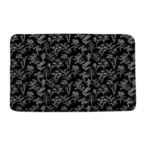 Sunhe Vintage Botanical Bath Mat Black White Boho Floral Herbs Retro Leaves and Flowers Rustic Farmhouse Plant Modern Memory Foam Home Office Door Bathroom Decor Mat,24"x60" - color: Black, size: 2' x 5' (Rectangular)