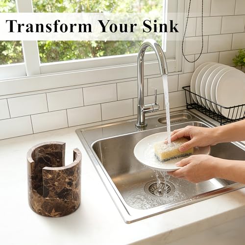 Natural Marble Sponge Holder, Drying Rack for Kitchen Sink - Dark Brown | 1.4 lb Handcrafted Stone Kitchen Sponge Holder with Anti-Slip Pad, Fast Drying Sink Caddy for Kitchen Counter Organizer - color: Brown