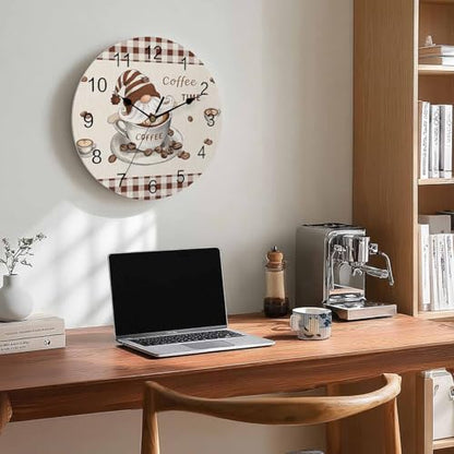 Silent PVC Wall Clock 12 Inch Round Wall Clock Gnomes Coffee Time Brown Plaid Hanging Clock for Kitchen Non Ticking Battery Operated Living Room Mute Clock - color: Coffeecbt3650, size: 12x12inch(30x30cm)