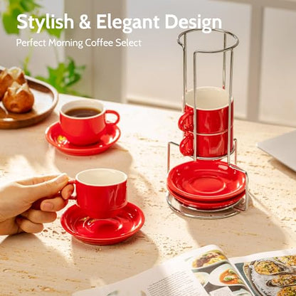 Sweese 4 Ounce Porcelain Stackable Espresso Cups with Saucers and Metal Stand Set of 4, Red - color: Red, size: 4 Ounces