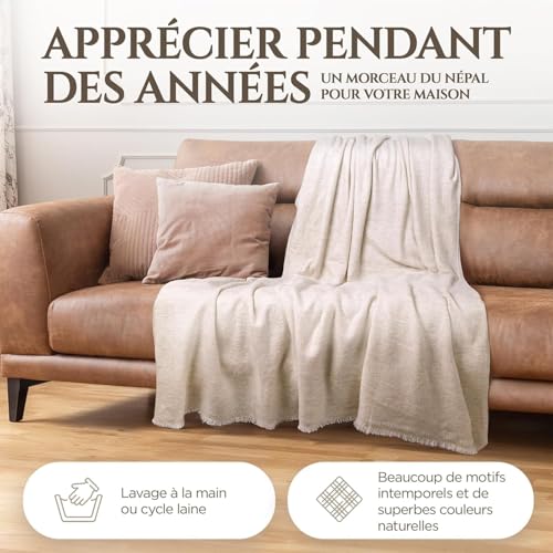 Cashmere Blanket – Hand Woven 100% Pure Wool Throw Blanket, 135 x 270 cm – Fine Herringbone Pattern Cozy, and Soft Blanket for Bed, Sofa, or Couch - Made in Nepal - color: Beige