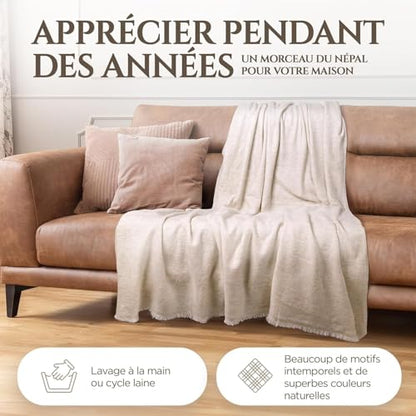 Cashmere Blanket – Hand Woven 100% Pure Wool Throw Blanket, 135 x 270 cm – Fine Herringbone Pattern Cozy, and Soft Blanket for Bed, Sofa, or Couch - Made in Nepal - color: Beige
