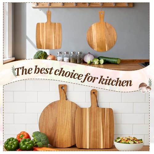 2 Pcs Acacia Wood Cutting Board with Handle, Decorative Wooden Serving Chopping Board Large Butter Charcuterie Butcher Blocks Tray for Kitchen Pizza Cheese Meat Vegetables Fruit Bread Baking