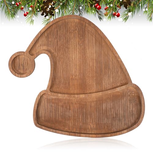 11.42 x 10.43 Inch Santa Hat Wood Serving Platter Board | Rustic Charcuterie Platter for Christmas Parties, Cheese Fruit Tray, Farmhouse Cutting Board for Holiday Table - style: Santa Hat