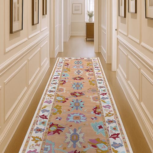 Fame Living Orange Oushak Runner Rug, Modern Runners, Turkish, Eclectic, Floral, Pastel, Washable, Small Throw Rugs, Short Runner for Hallway, Entryway, Laundry, Bedroom, Kitchen, Bathroom, 2'5"x6'5" - color: Orange, size: 2'6" x 6'6" (Rectangular)
