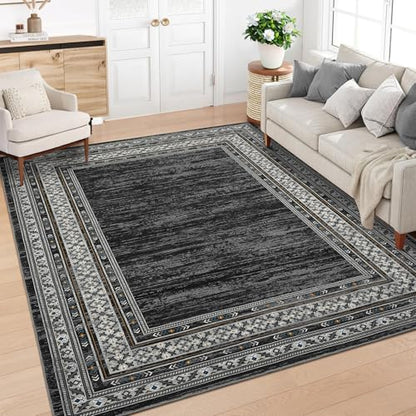 Modern Solid Area Rug 5x7 Washable Non Slip Neutral Rugs for Living Room, Non-Shedding Stain Resistant Bordered Throw Carpet, Neutral Foldable Floor Rugs for Bedroom Dining Table, Black | Non Slip Neutral Border Non Shedding Stain Resistant Low Pile Folda