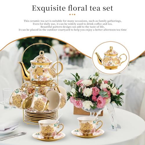 20 Pieces Porcelain Tea Set With Metal Holder, European Ceramic tea set for adults,Flower Tea Set,Tea Set For Women With Flower Painting - color: eel Yellow