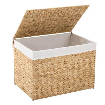 Water Hyacinth Storage Basket with Lid, 46.2 Gallon (175L) Wicker Shelf Basket with Removable Liner, Wicker Storage Basket for Blanket, for Livingroom, Bedroom, Natural - size: 27.6"L x 19.7"W x 19.7"H
